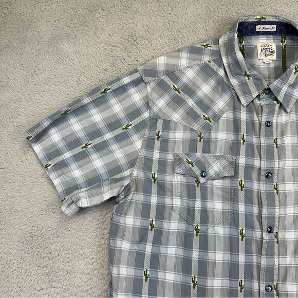 Moon Shine Pearl Snap Shirt Mens Large Blue Plaid Cactus Regular Fit Western - Picture 4 of 16
